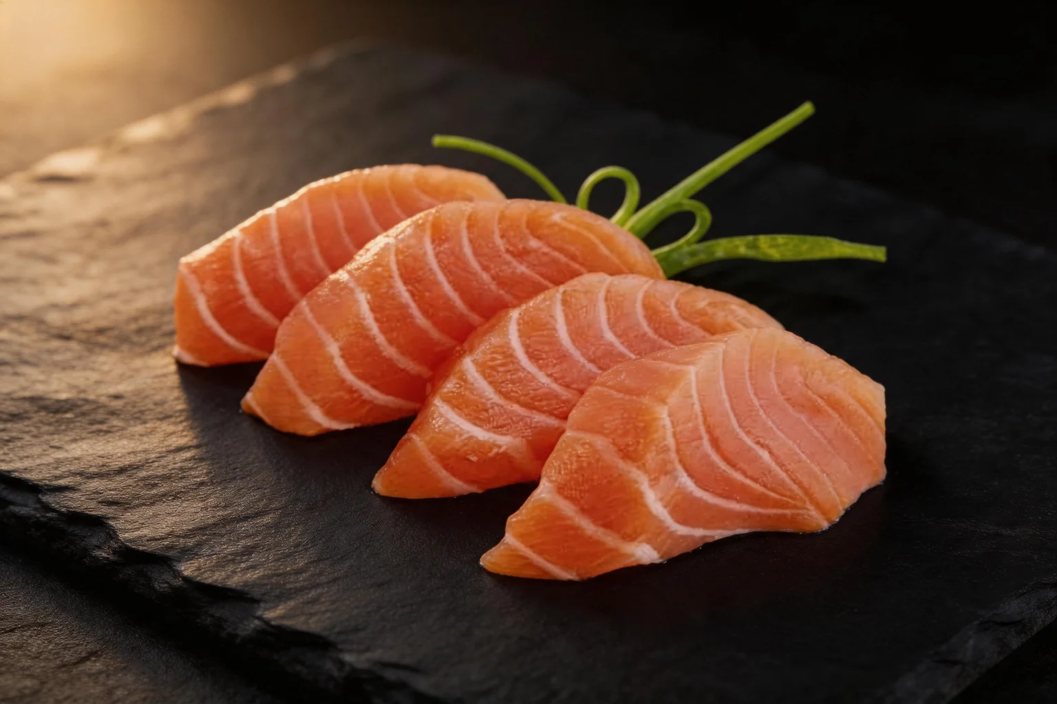 Salmon sashimi on a dark slate.