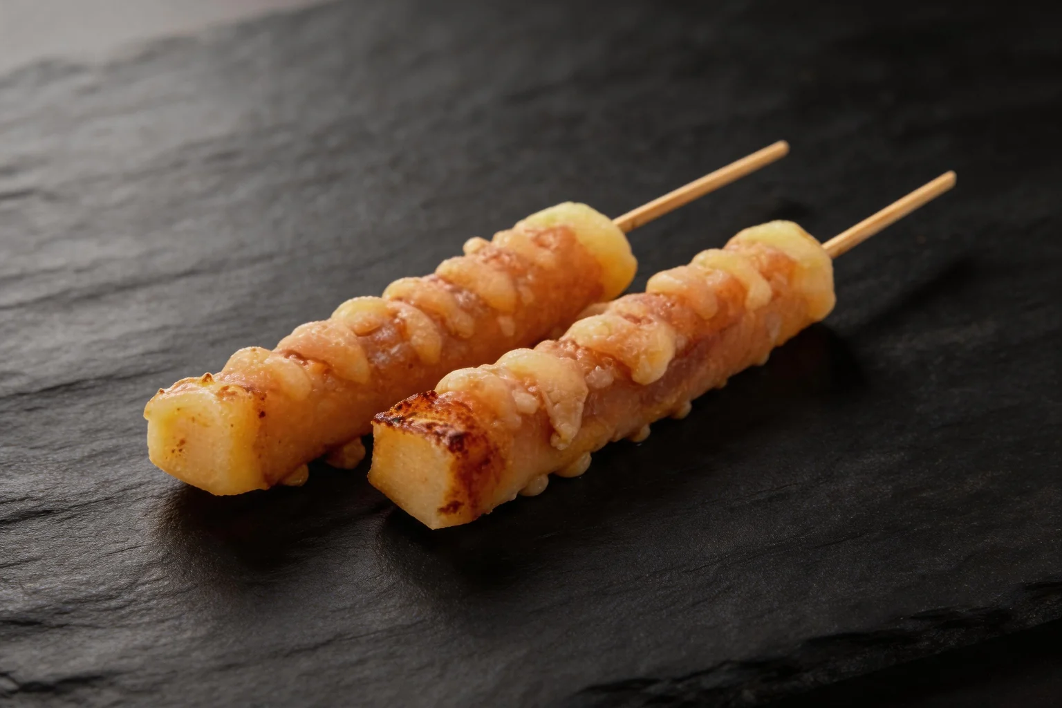 Beef with cheese skewers on a dark slate.