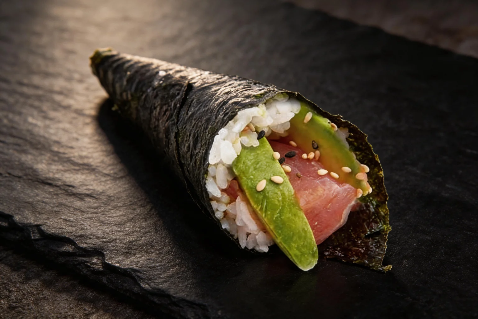 Tuna avocado temaki on a dark slate.