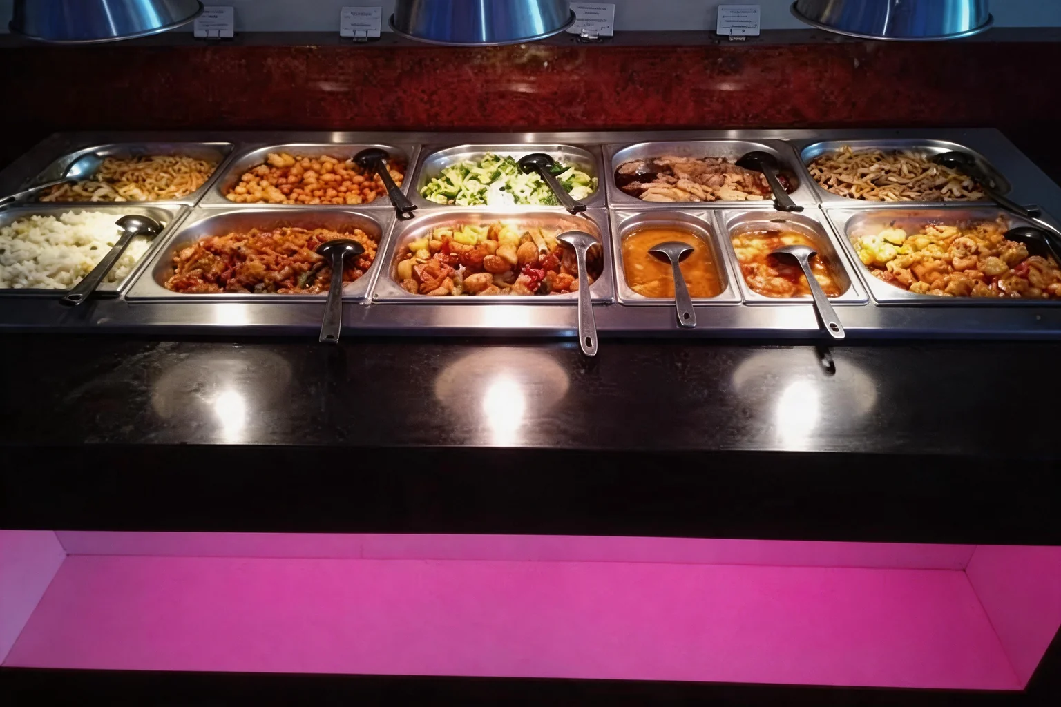 Stainless steel trays of hot dishes, ladles and lamps above, pink-lit base.