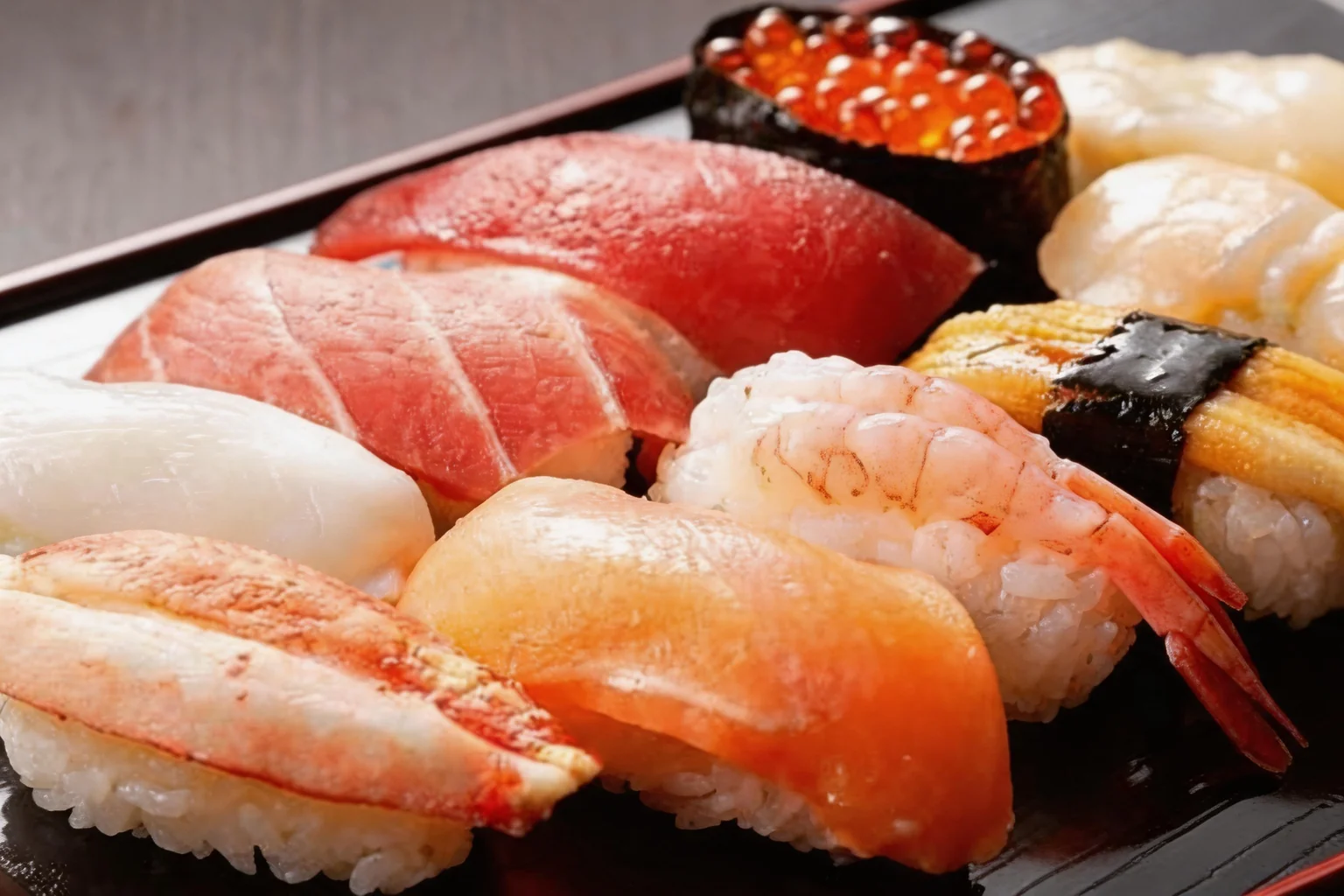 Assorted sushi on a dark lacquered tray.