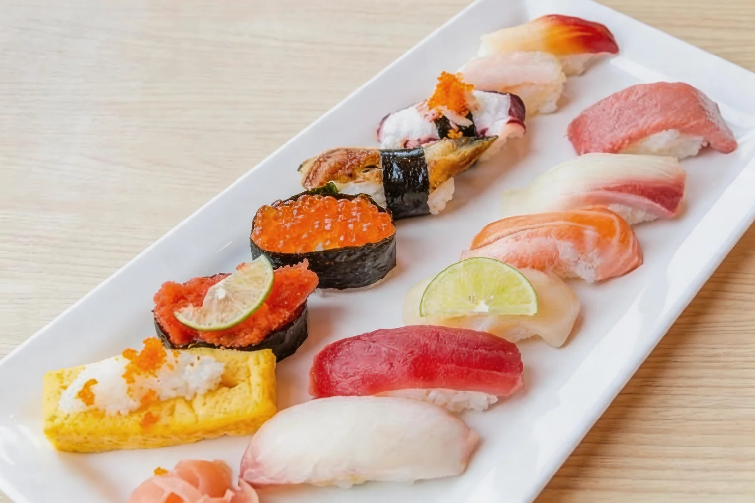 Sushi lined up on a white rectangular plate, light wood table.