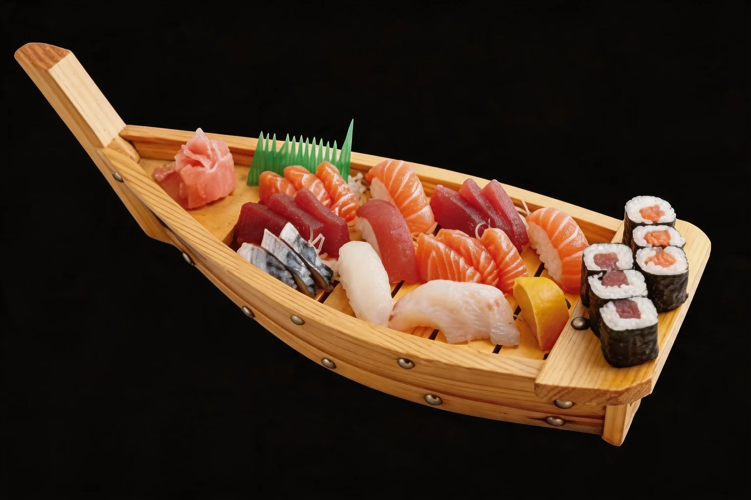 BATEAU 1: sushi, maki and sashimi in a wooden boat, black background.